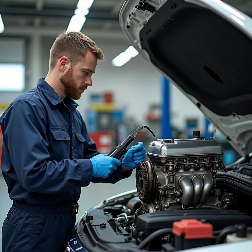 Experienced mechanic inspecting a used car engine