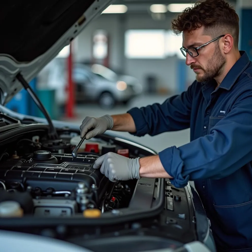  Mechanic inspecting used car engine