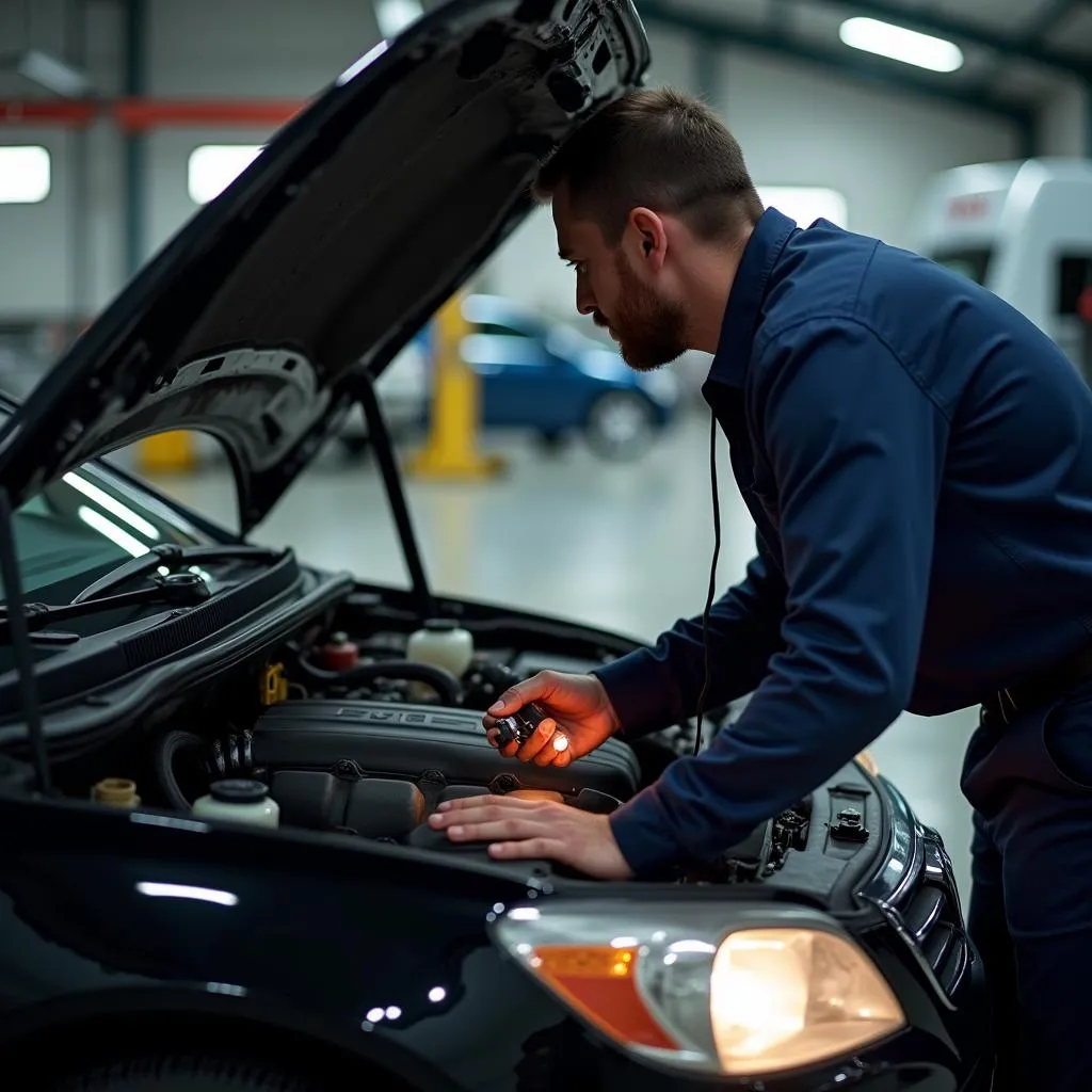 Mechanic Inspecting Used Car Engine