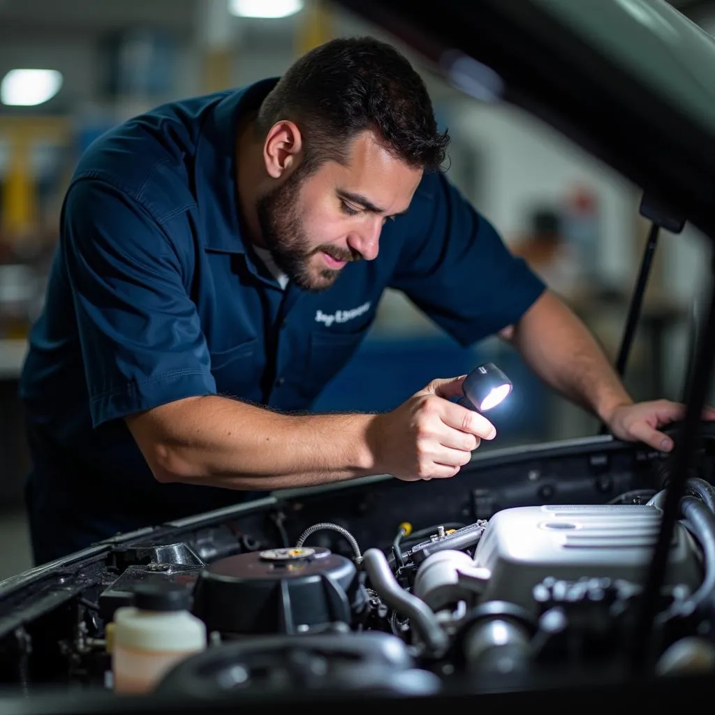 Mechanic inspecting a used car in OKC