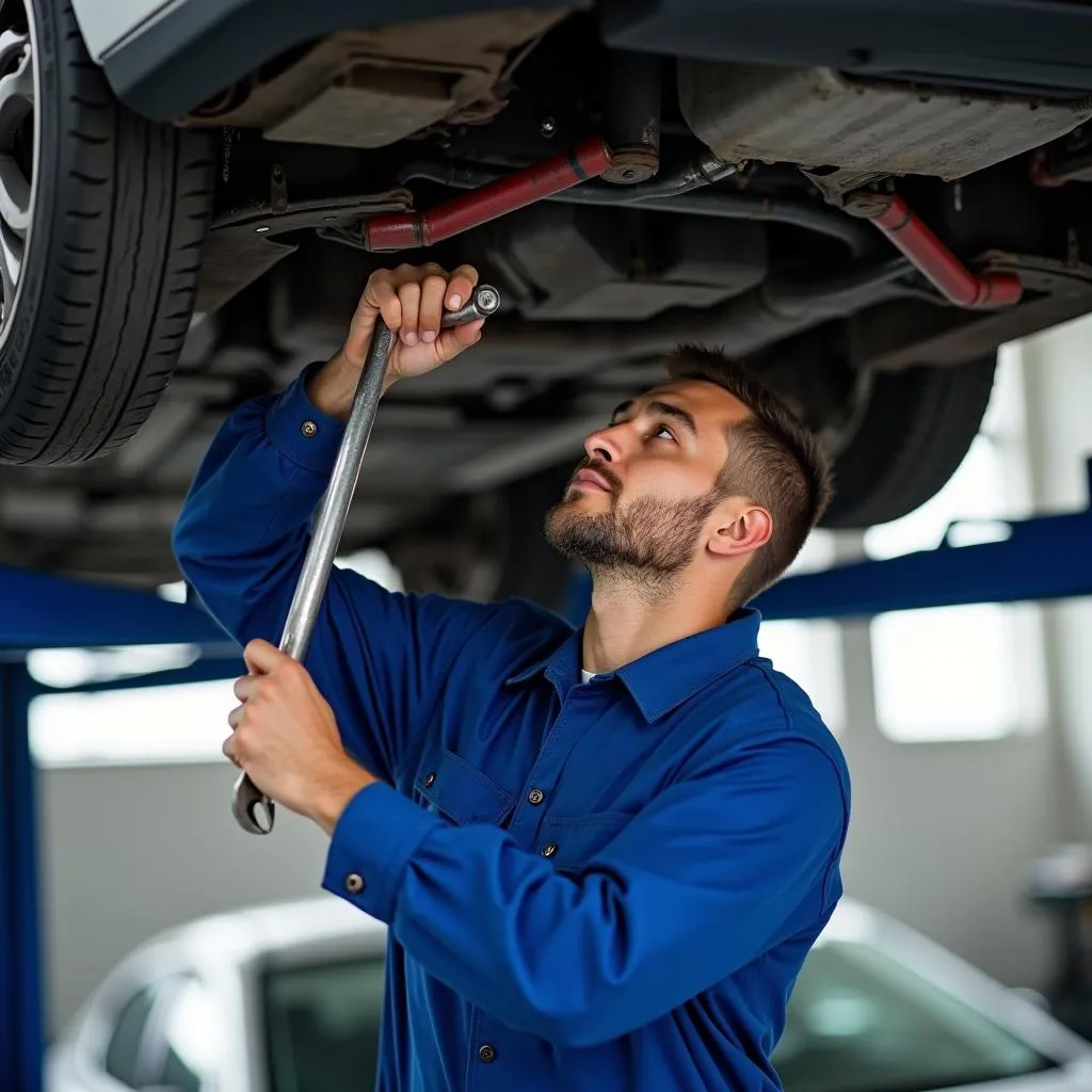 Mechanic inspecting a used car during a pre-purchase check