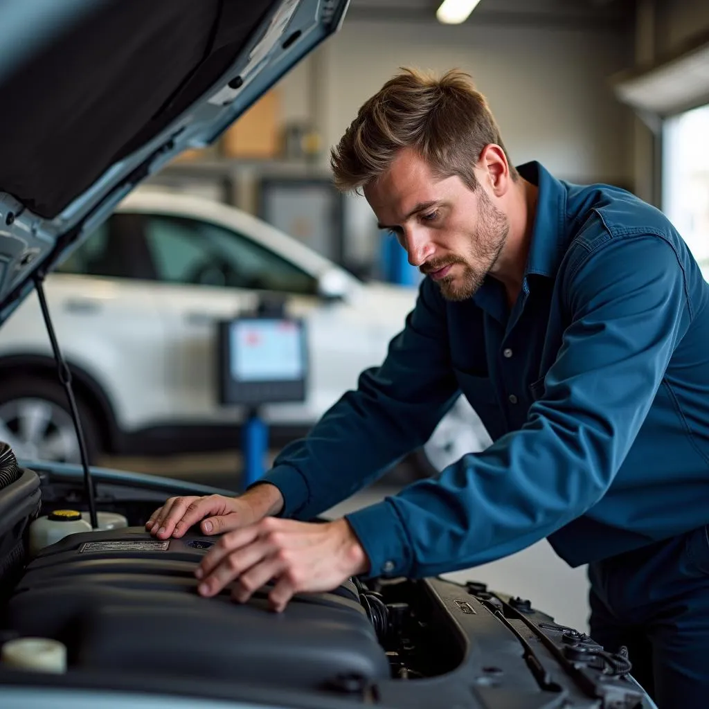 Mechanic inspecting a used car in Wilmington