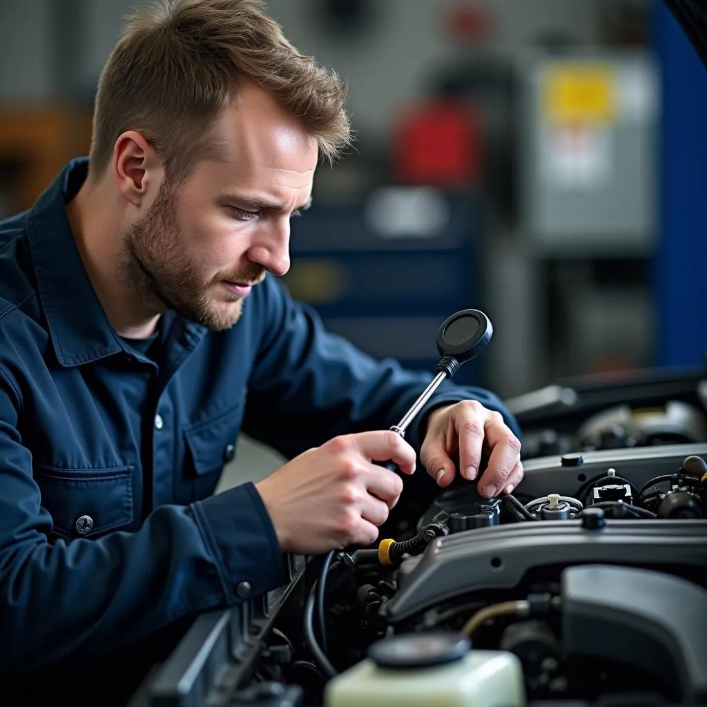 Mechanic Inspecting V6 Engine