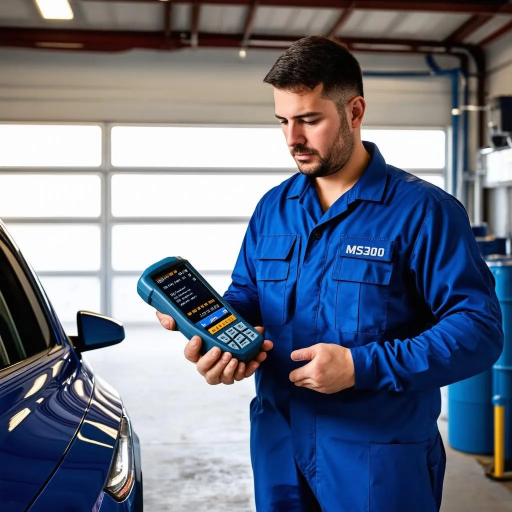 Mechanic analyzing diagnostic codes on MS300 scan tool