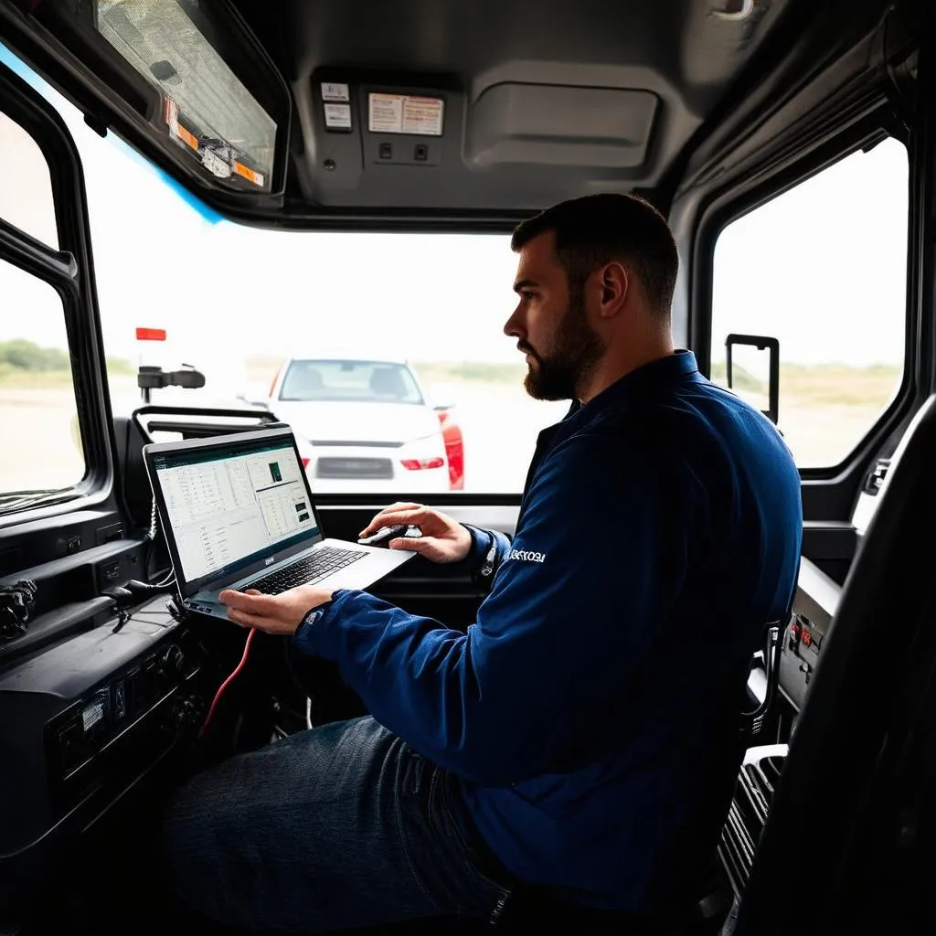 Mechanic diagnosing a truck issue using a laptop and scan tool