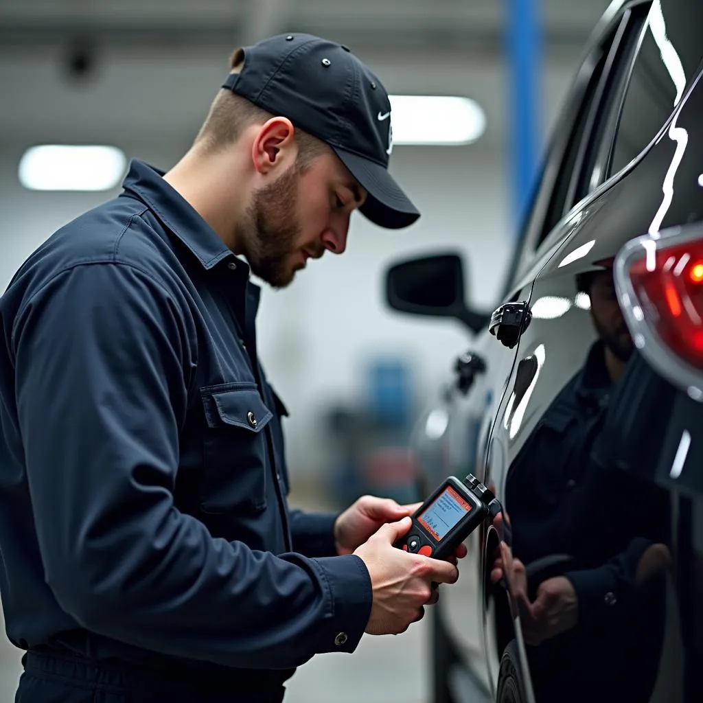 Mechanic using a scan tool for car diagnostics