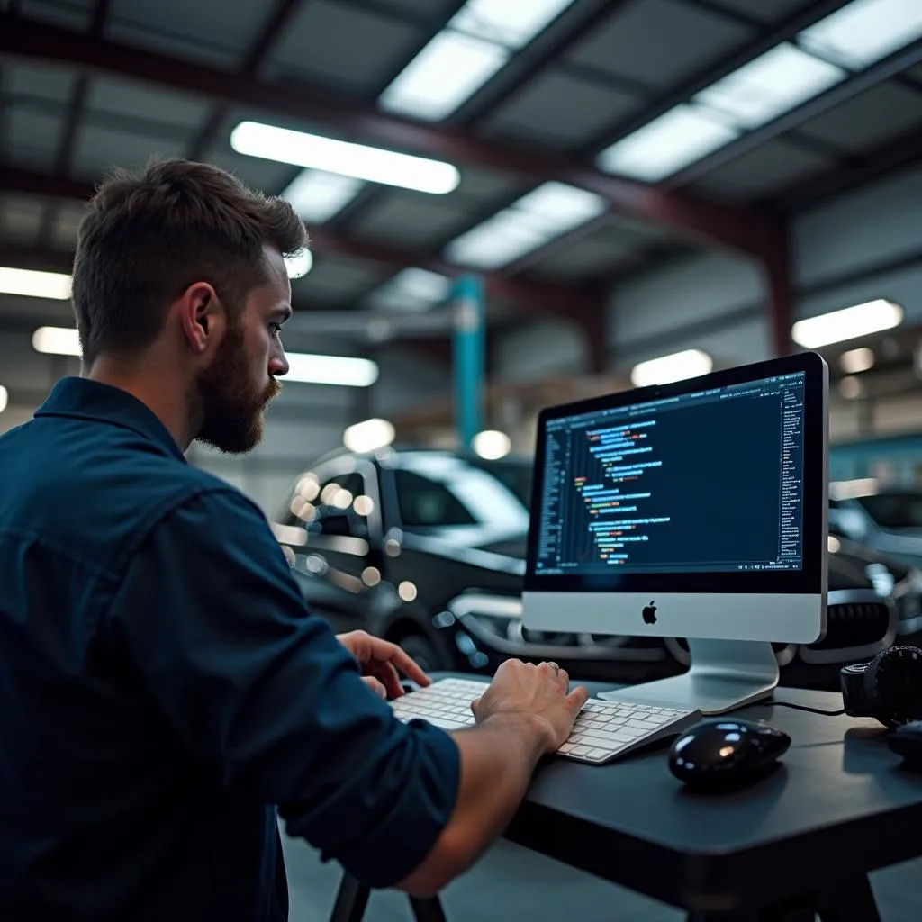 A mechanic in a repair shop using an SEO scan tool to perform module coding on a BMW.