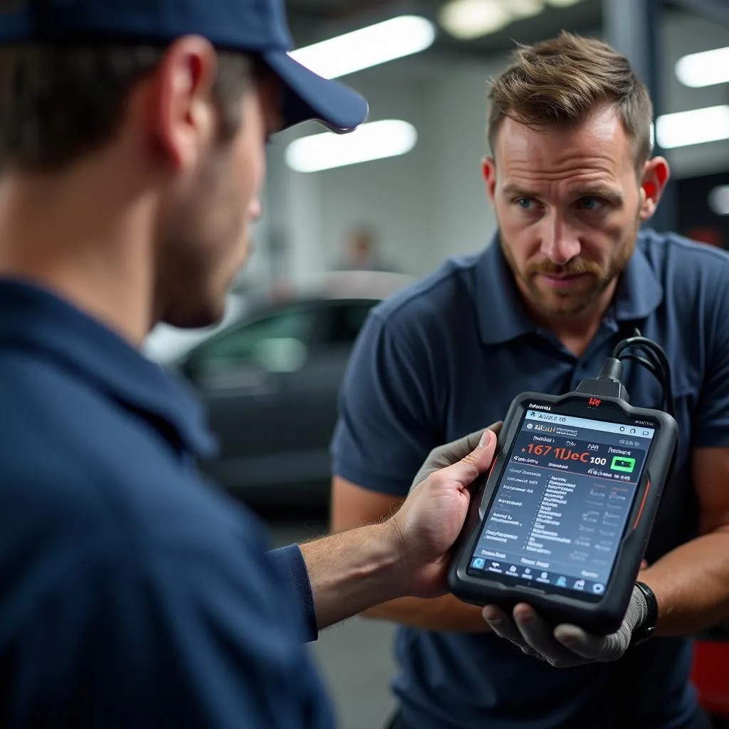 A mechanic using an on-demand scanning tool during a pre-purchase car inspection.