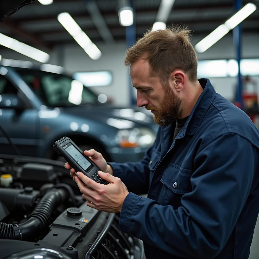 Mechanic using a G Scan tool to repair a car in a garage