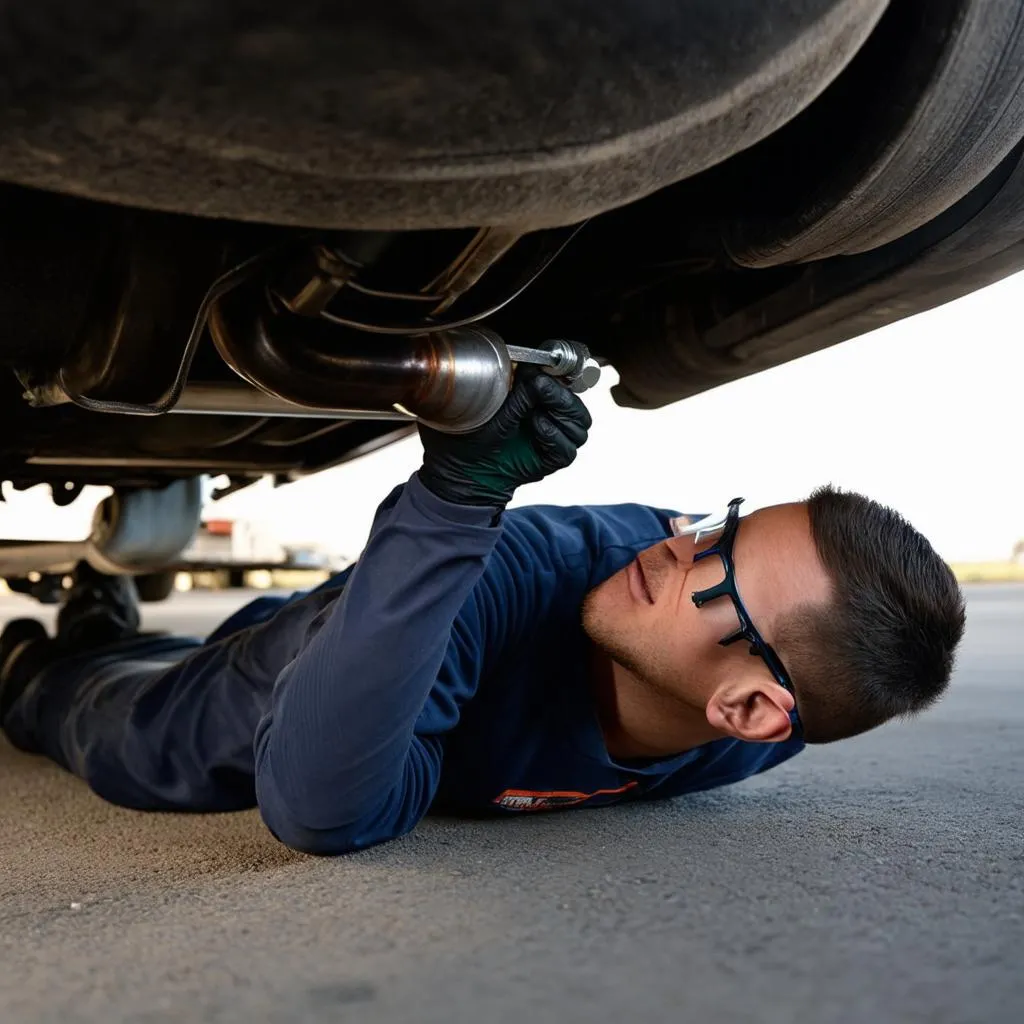 Mechanic repairing exhaust system