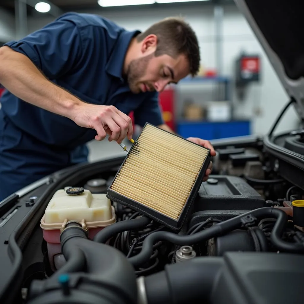 Mechanic replacing a car air filter