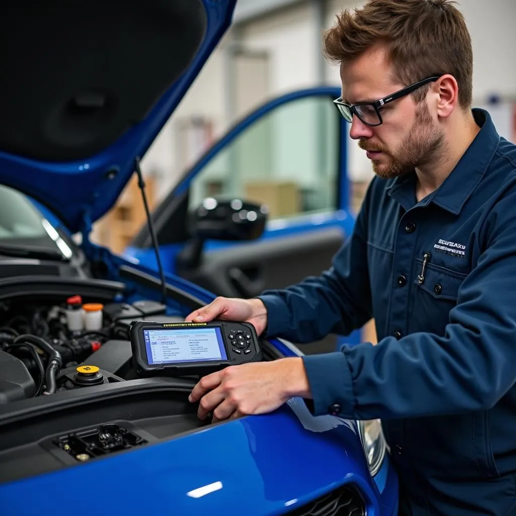 Mechanic performing an ECM reset on a Subaru Impreza