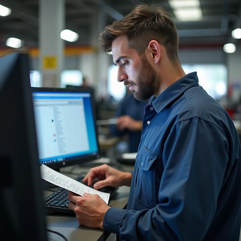 Mechanic reviewing scanned documents on computer