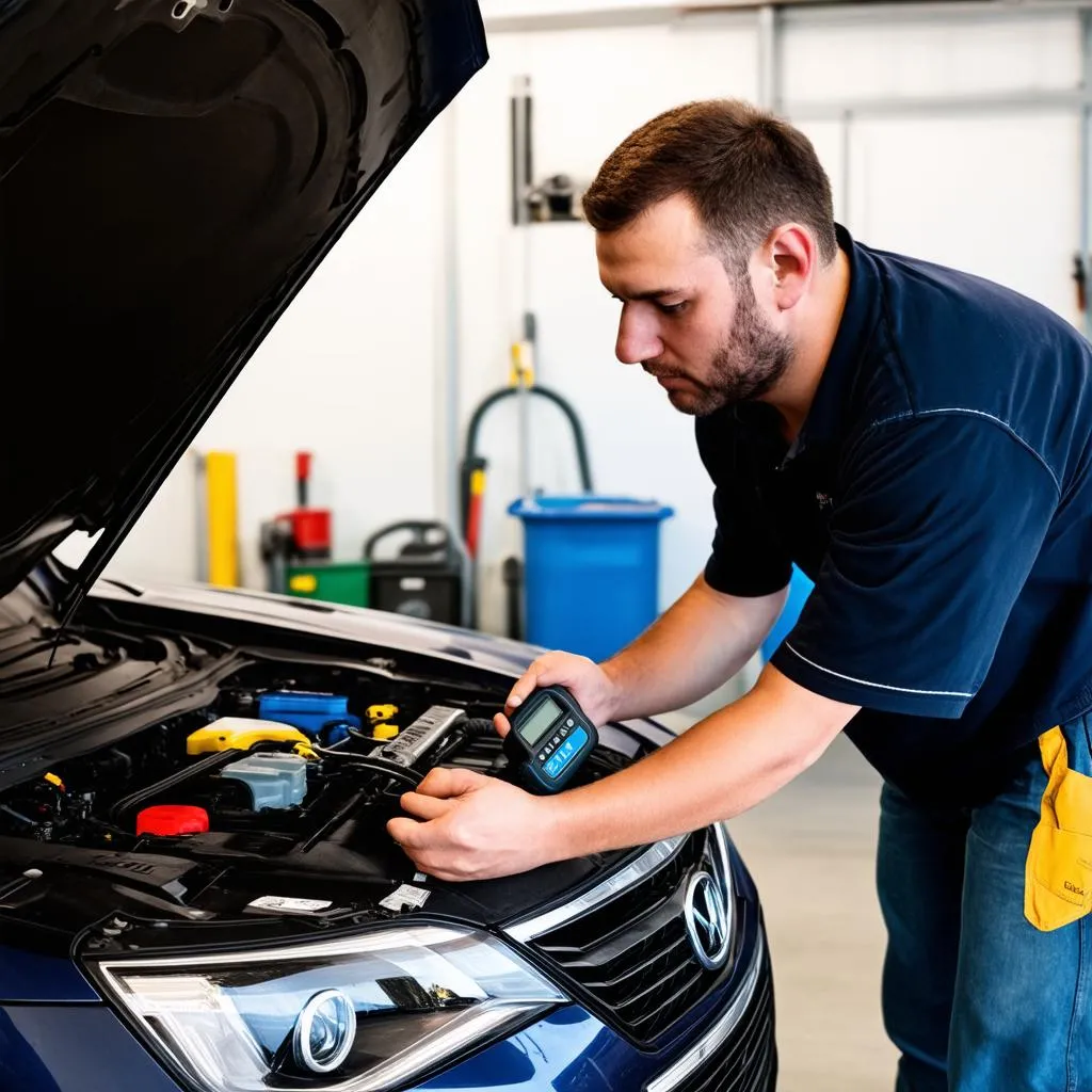 Mechanic using a diagnostic scanner