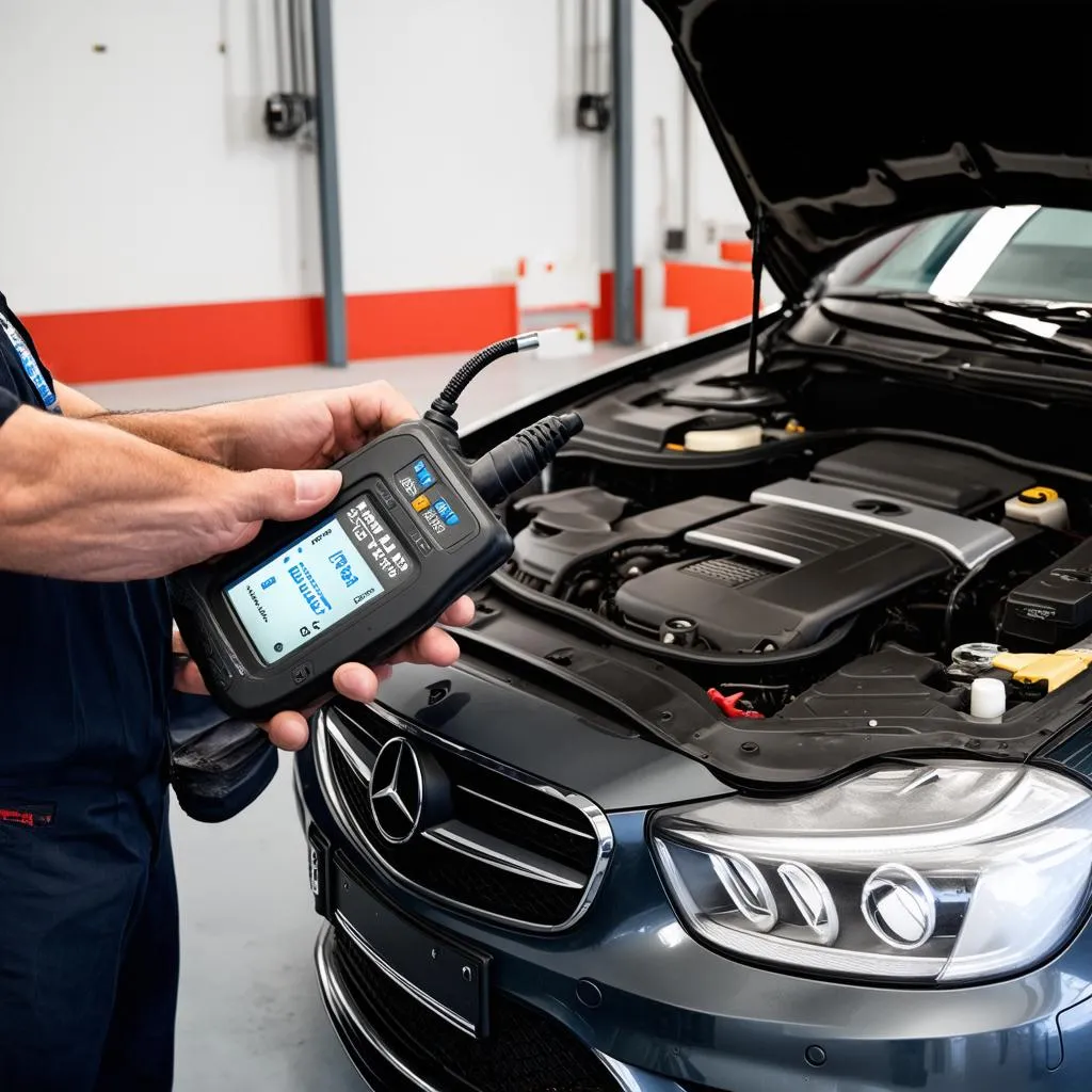 Mechanic using a scan tool on a Mercedes-Benz