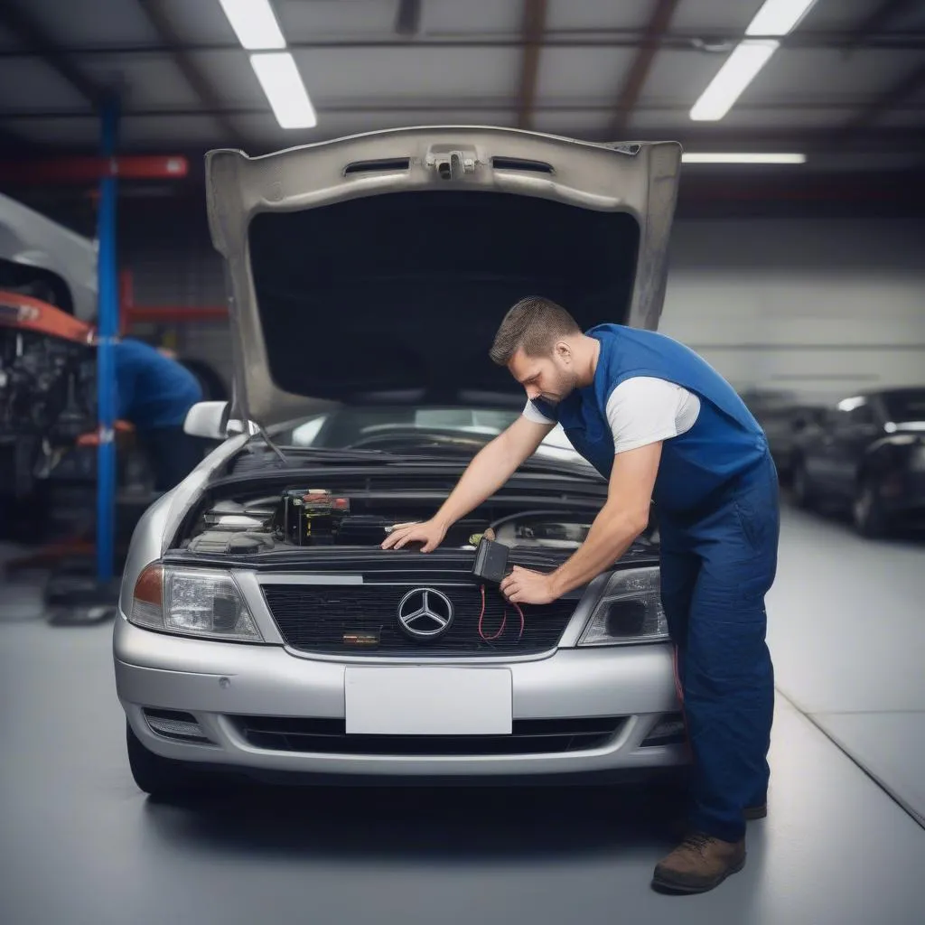 Mechanic using a diagnostic scanner on a car