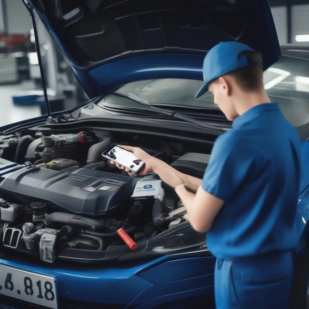 Mechanic using a QR code scanner