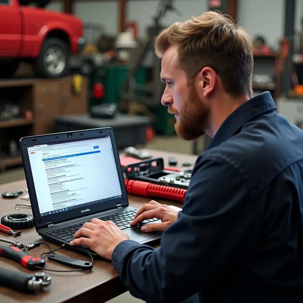 Mechanic searching for Craftsman 1681 manual on laptop