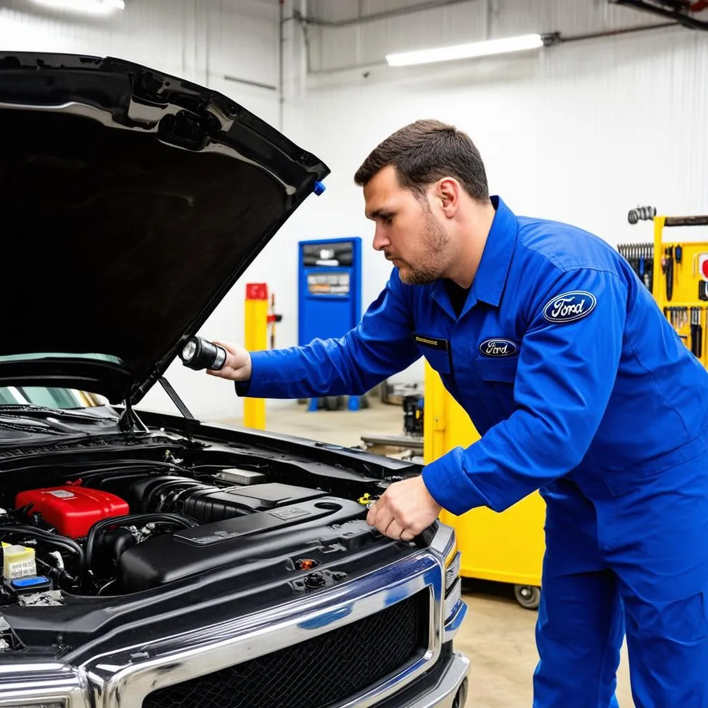 Mechanic Inspecting a Super Duty's Engine Bay