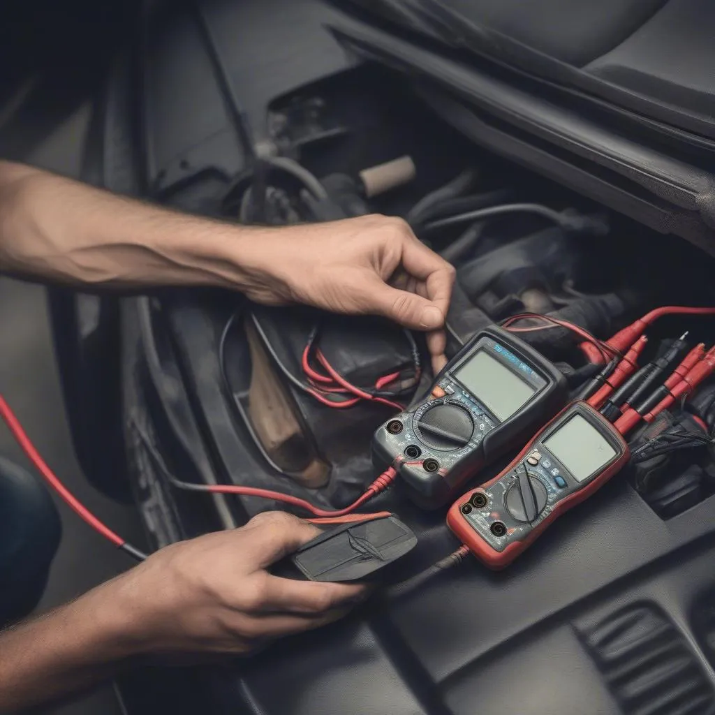 Mechanic using a multimeter to test a car starter