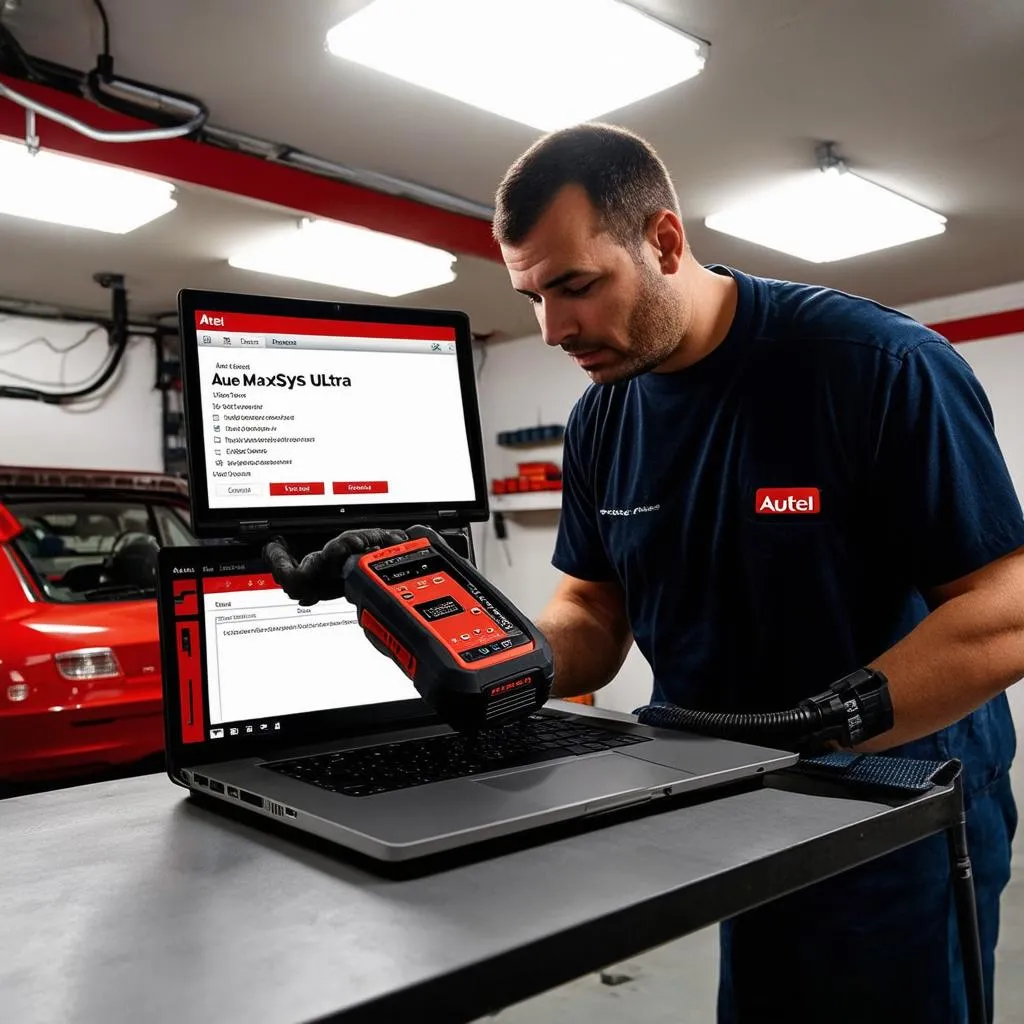 Mechanic Updating Autel Software on Laptop