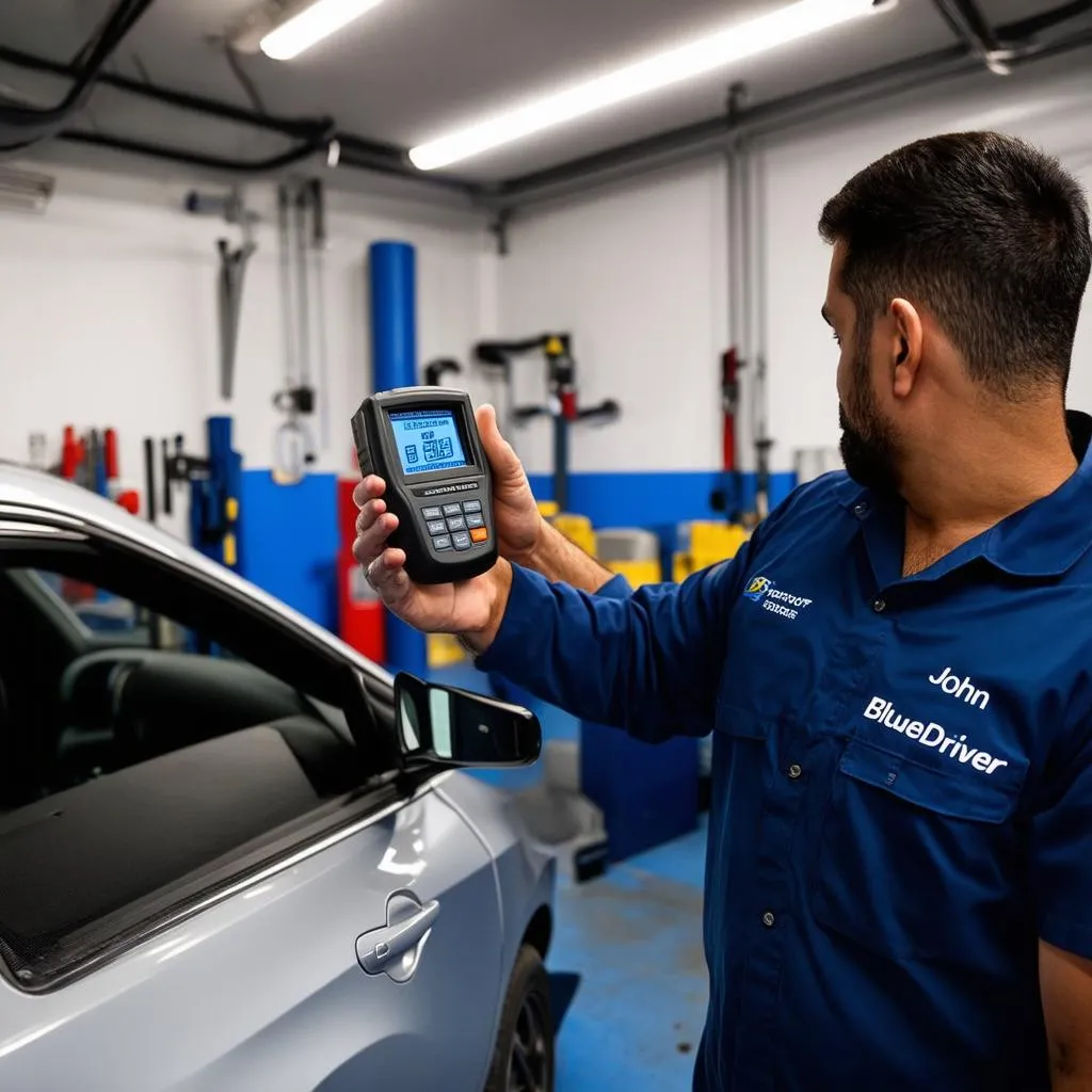 Mechanic using a BlueDriver OBD scan tool on a car