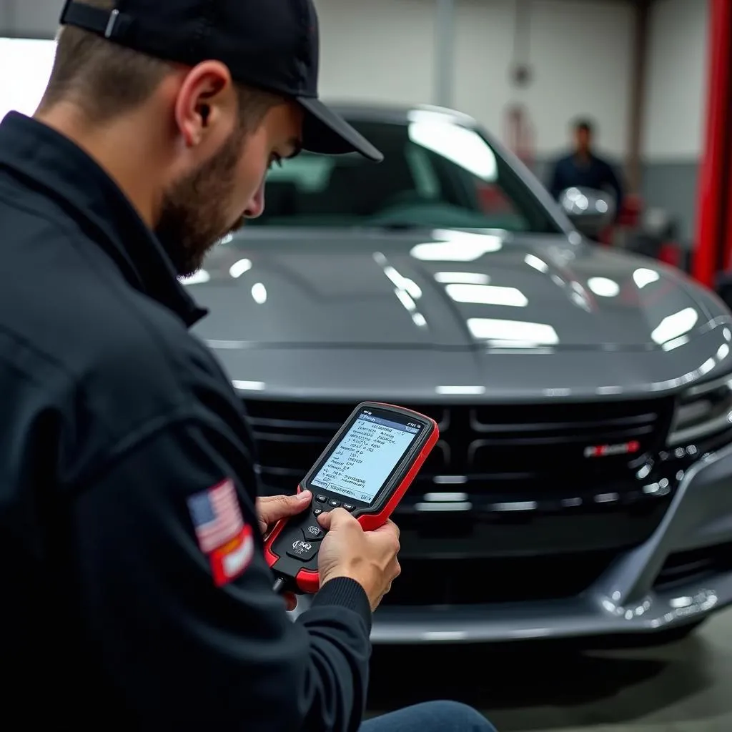 Mechanic using a diagnostic scanner on a Dodge Charger