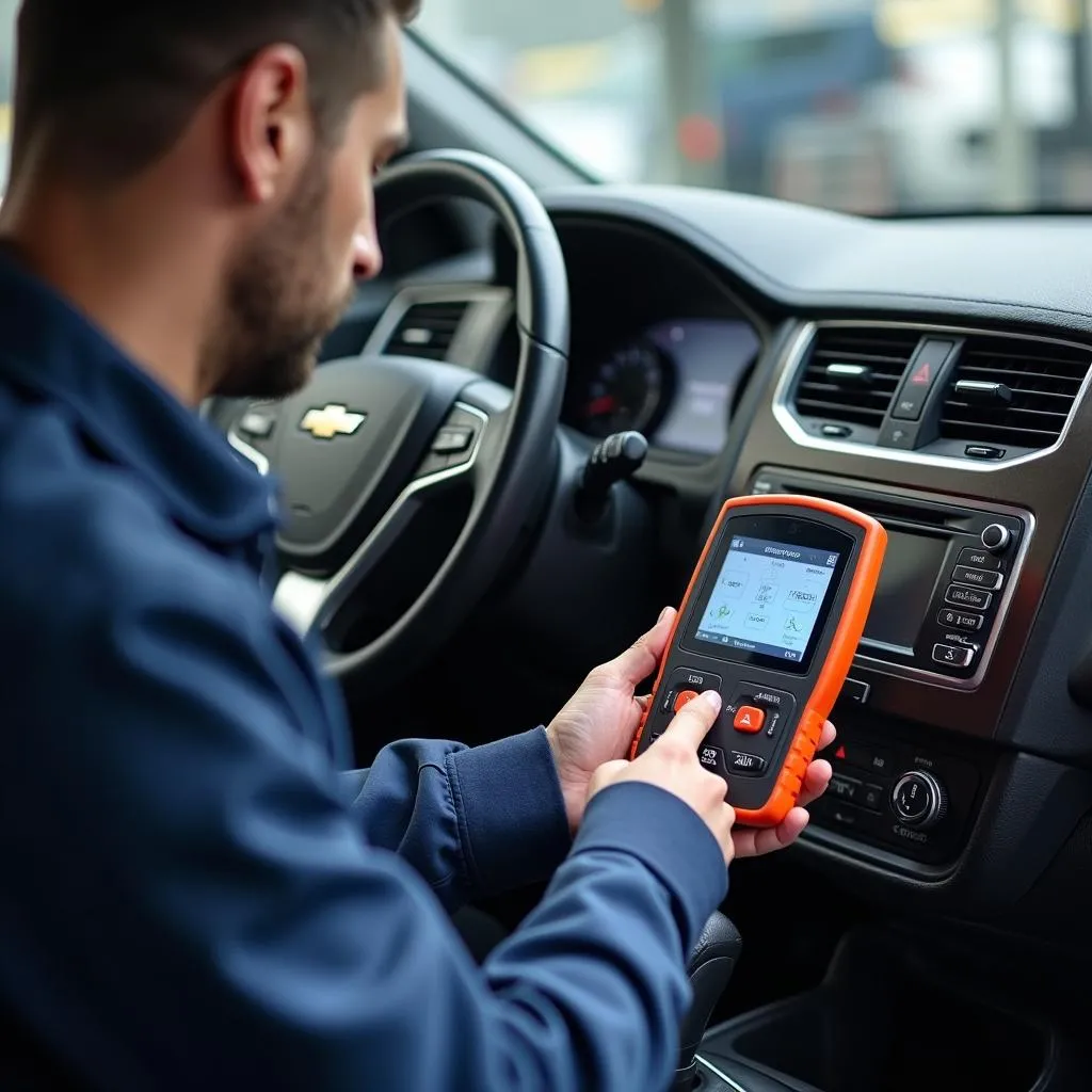 Auto technician performing diagnostics with a leased scan tool