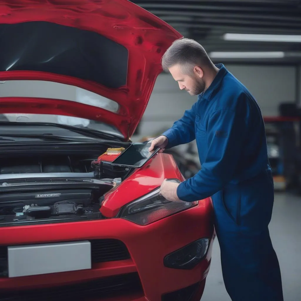 Mechanic using a tablet and BlueDriver LSB2 to diagnose a car