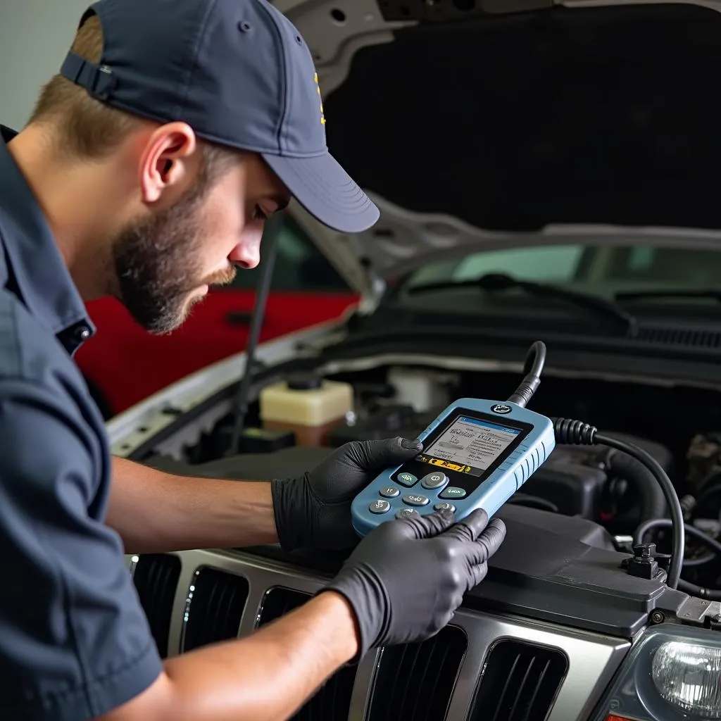 Mechanic Using ABS Scan Tool on Jeep Grand Cherokee