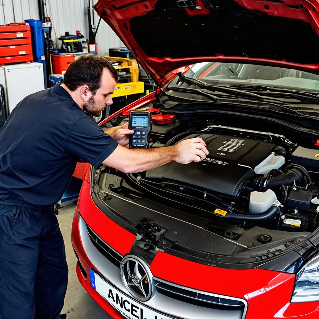 Mechanic Using an Ancel Scanner on a European Car