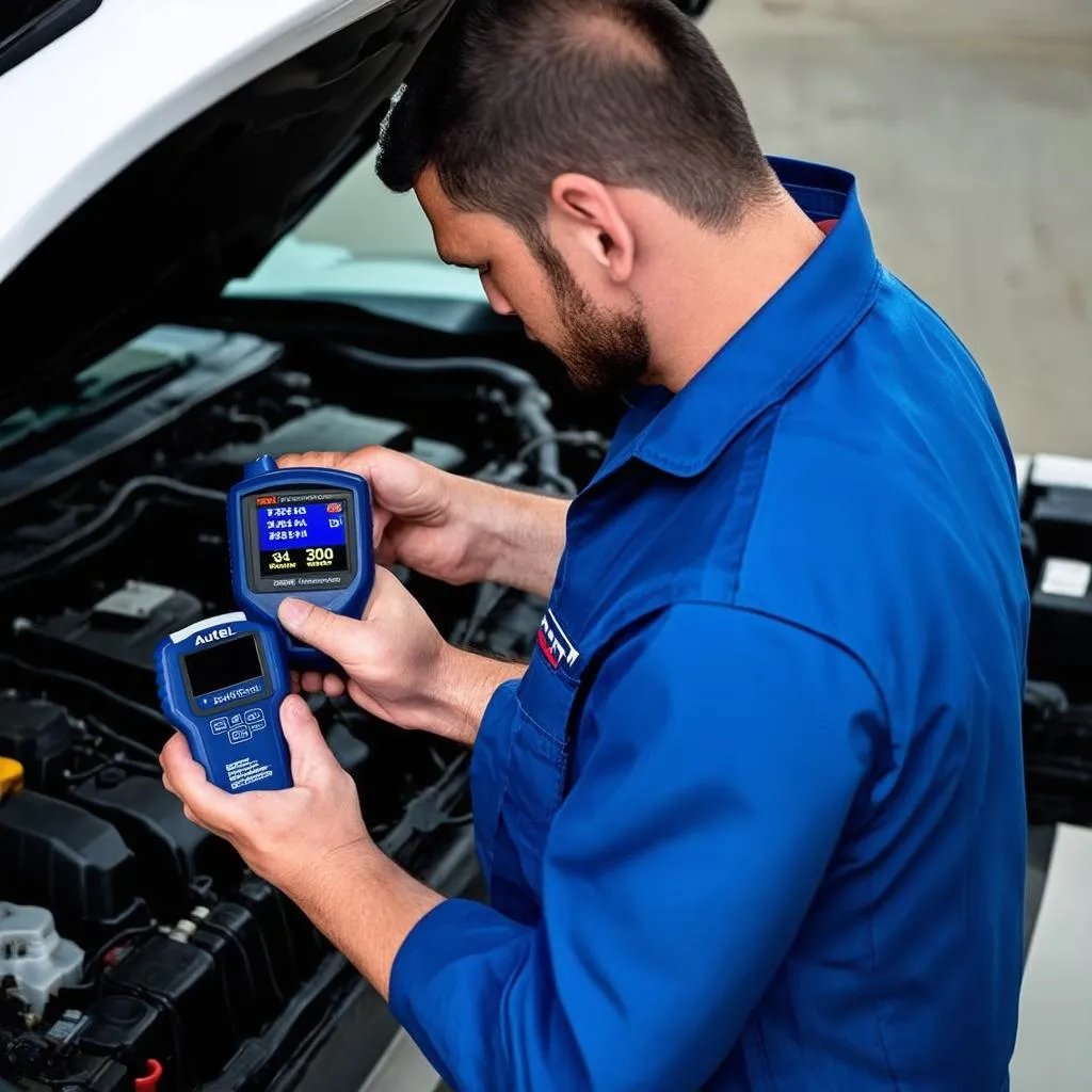 Mechanic using an Autel 301