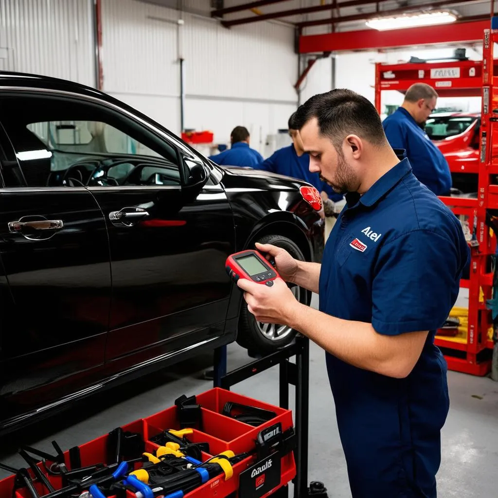 Mechanic Using Autel 906TS for Diagnostics