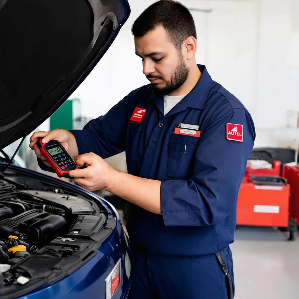 A mechanic using the Autel AA101