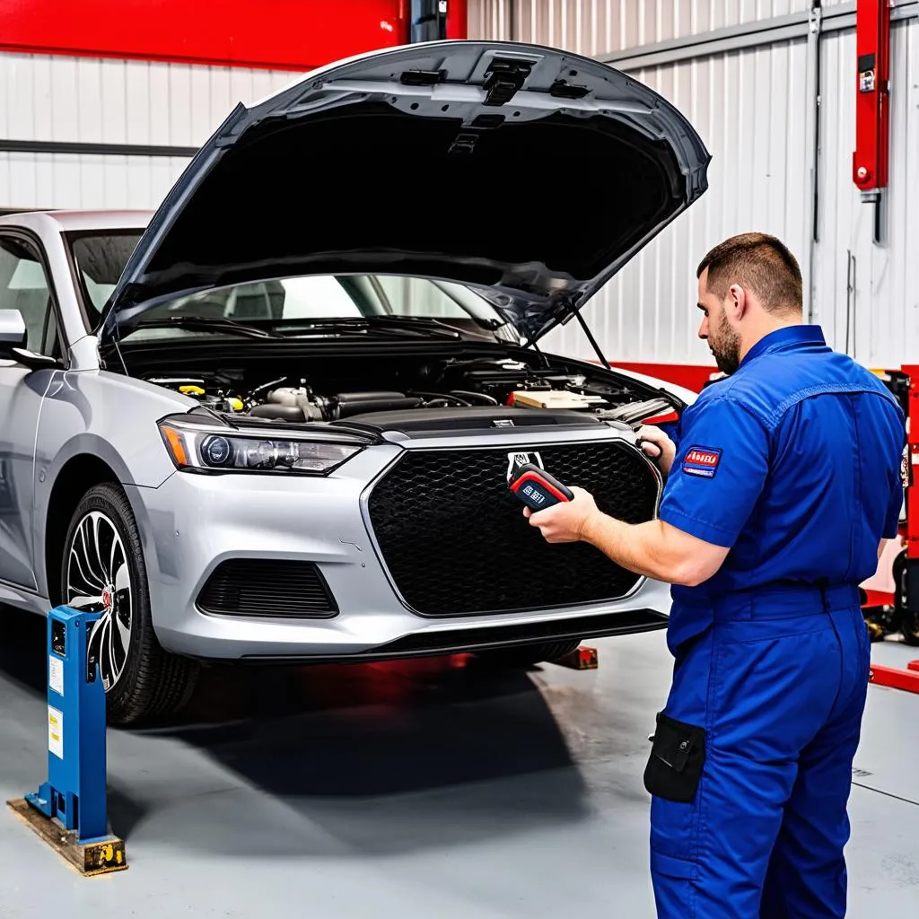 Mechanic using Autel DS808 to diagnose car problems in a workshop