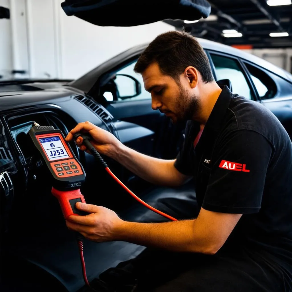 Mechanic Using Autel J2534 Tool to Diagnose a Car Problem