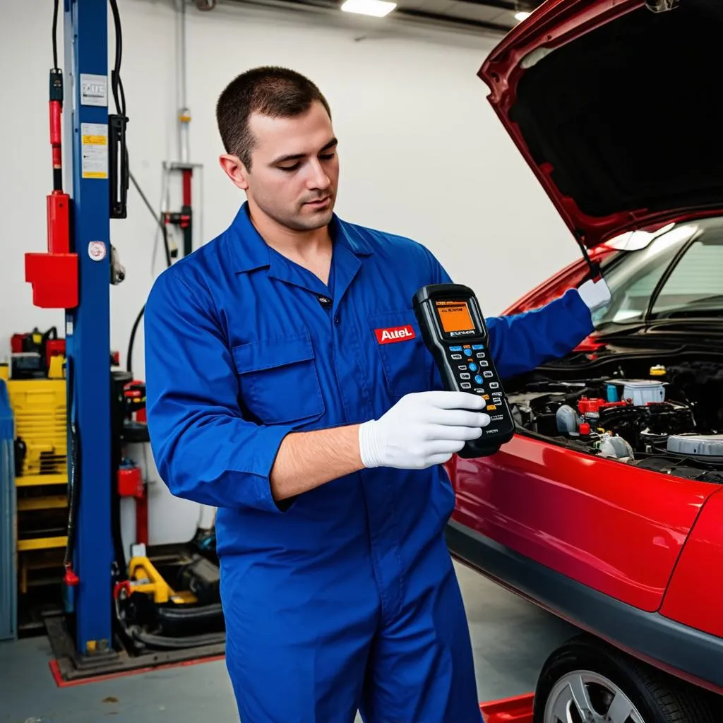 A mechanic uses the Autel MaxiDiag MD802 to diagnose a car problem in a professional garage.