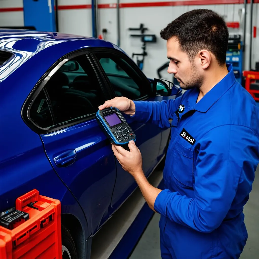 A mechanic using the Autel MaxiFlash device on a BMW in a car repair shop.