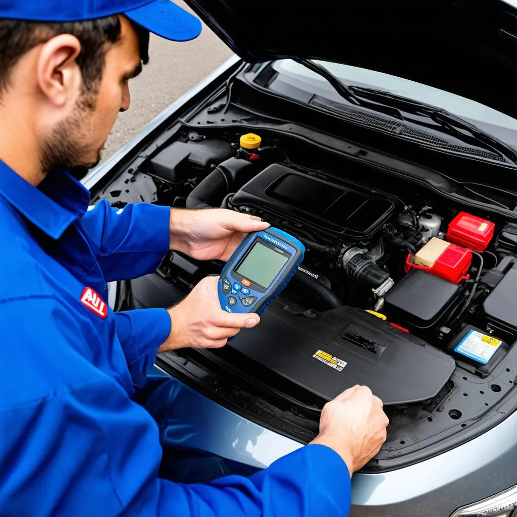 Mechanic diagnosing a car with an Autel MaxiLink ML629