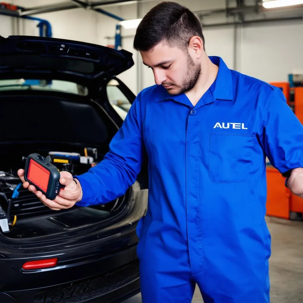 Mechanic using Autel MaxiScan GS500 to diagnose a car problem