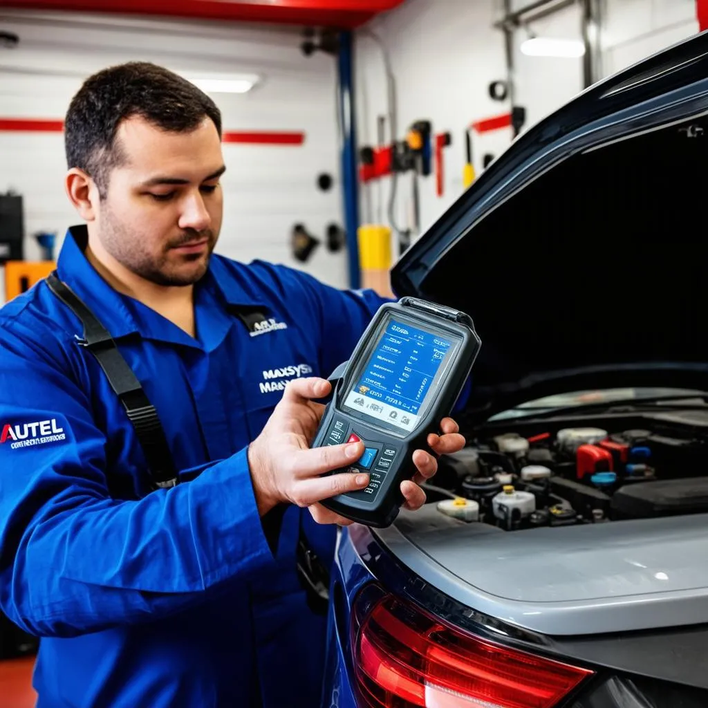 Mechanic Using Autel Maxisys in Garage