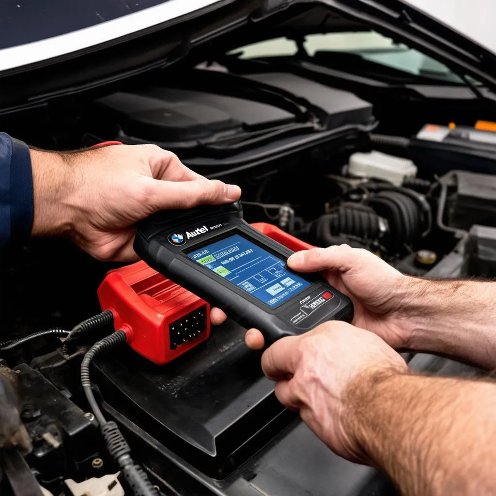 Mechanic using Autel MaxiSys 908 on a BMW