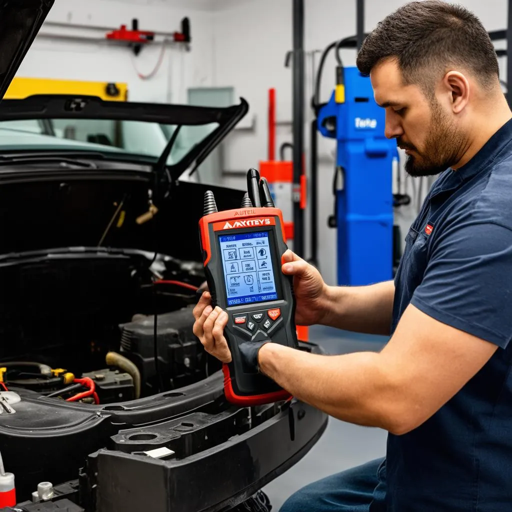 Mechanic using Autel MaxiSys in a garage