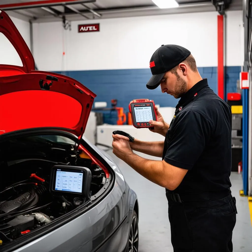 Mechanic Using Autel MaxiSys in Garage