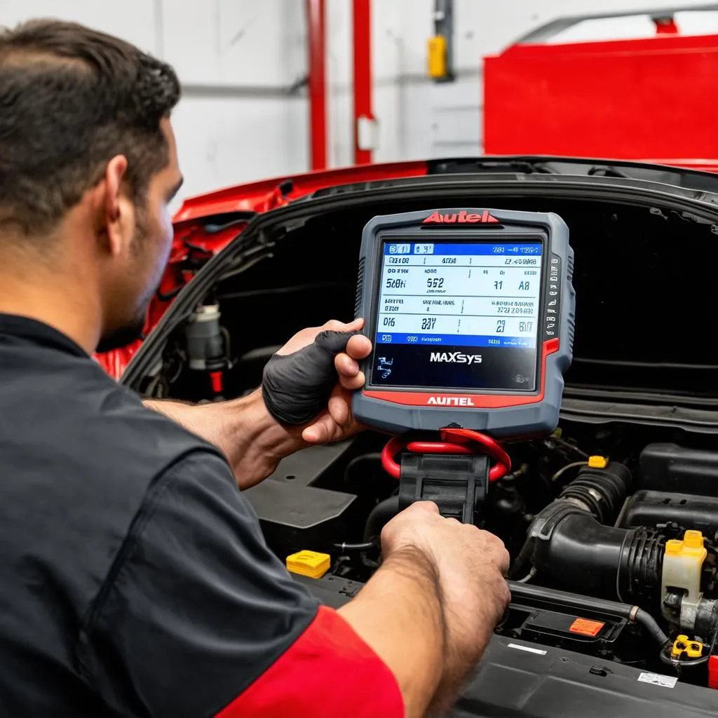 Mechanic using the Autel MaxiSys MS808 to diagnose a car problem