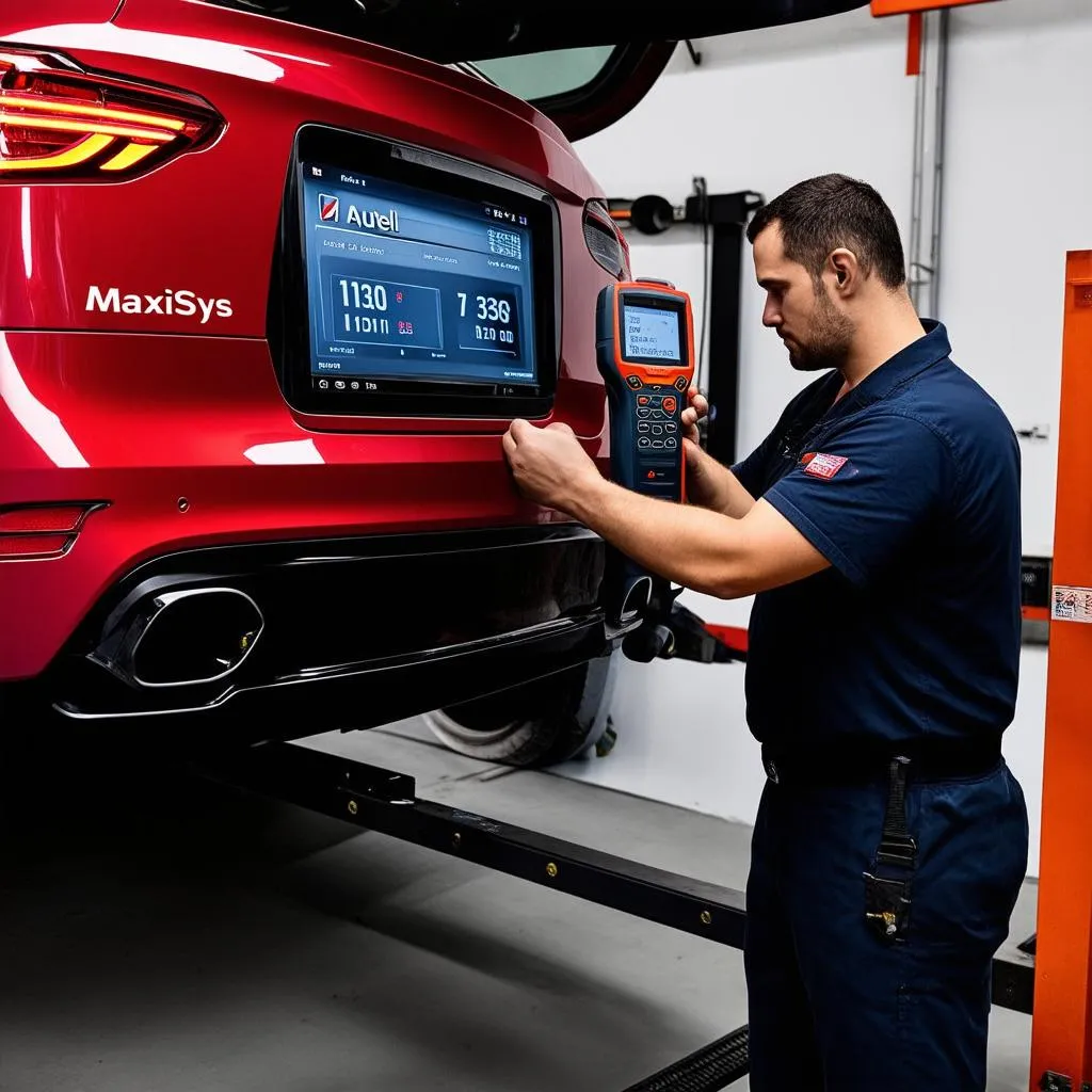 Mechanic using Autel MaxiSys scanner