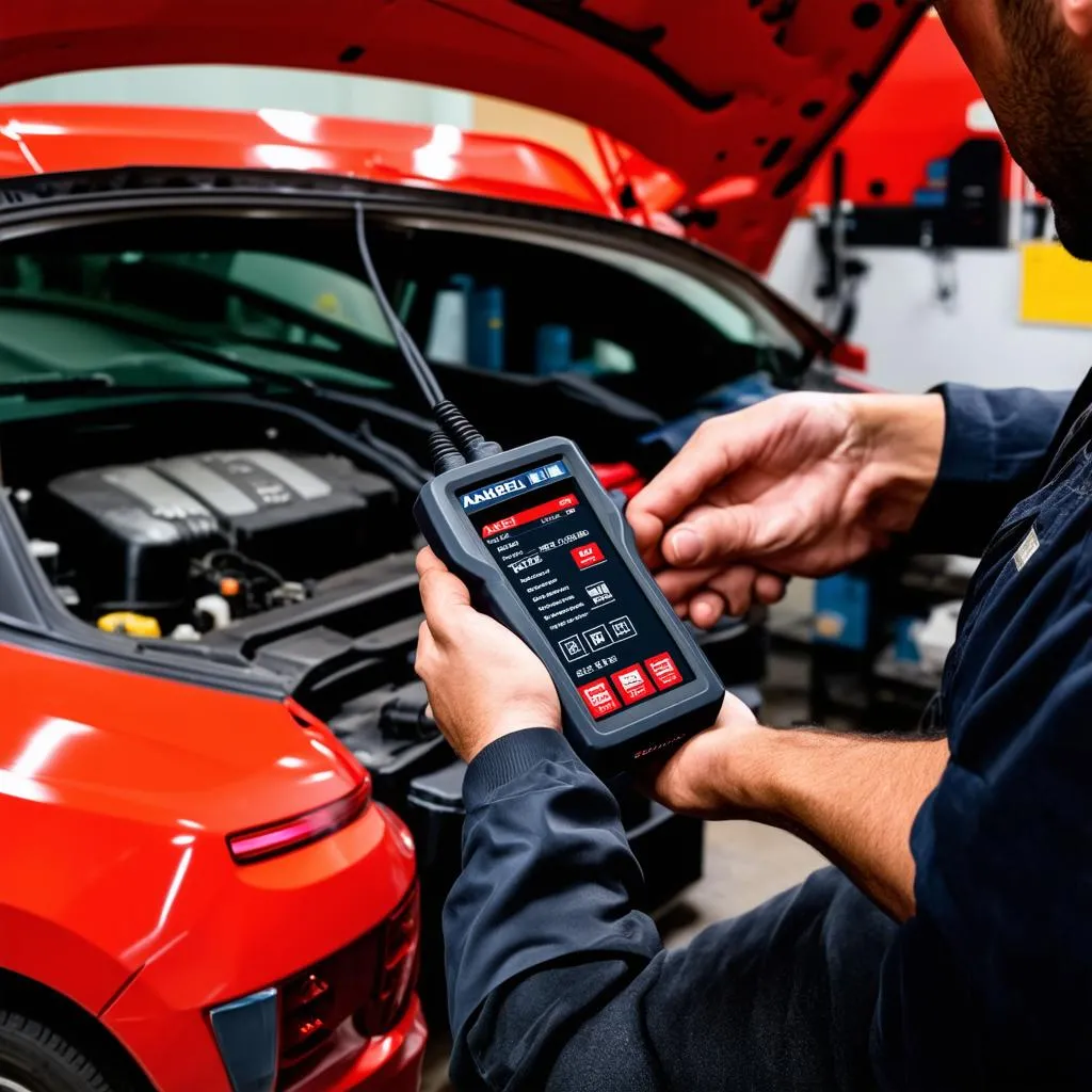 Mechanic using Autel MK808Z to diagnose a car problem