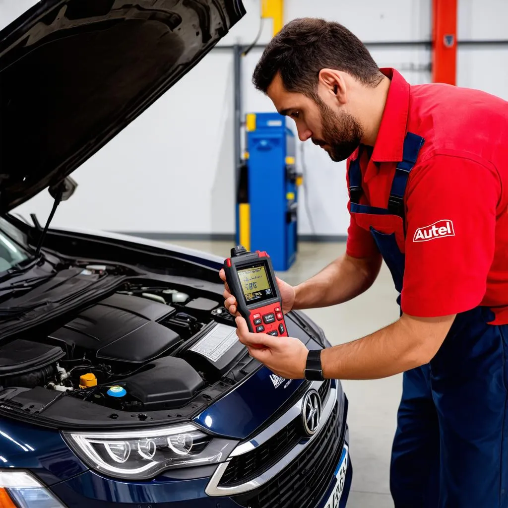 Mechanic Using Autel MS906BT to Diagnose Car