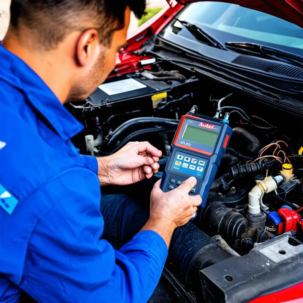 Mechanic using Autel MX908