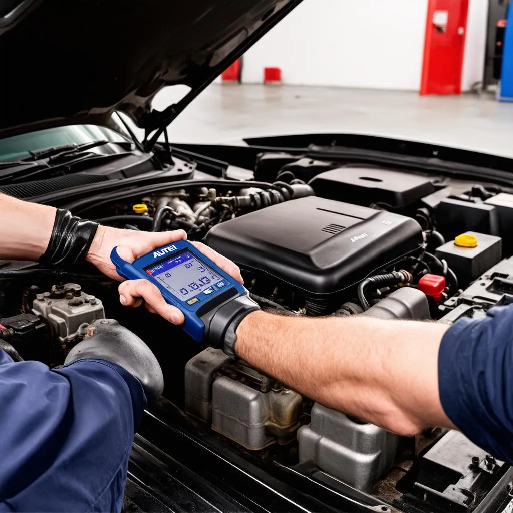 Mechanic using Autel scanner to diagnose a car